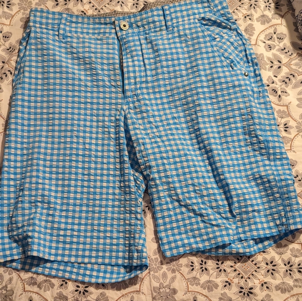 Lululemon Mens Kahuna Vital Shorts Large Turquoise Aqua Plaid Golf